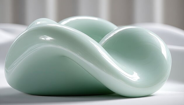 A pale celadon-green, sculpted glass bowl with a smooth, flowing, organic form rests on a white fabric