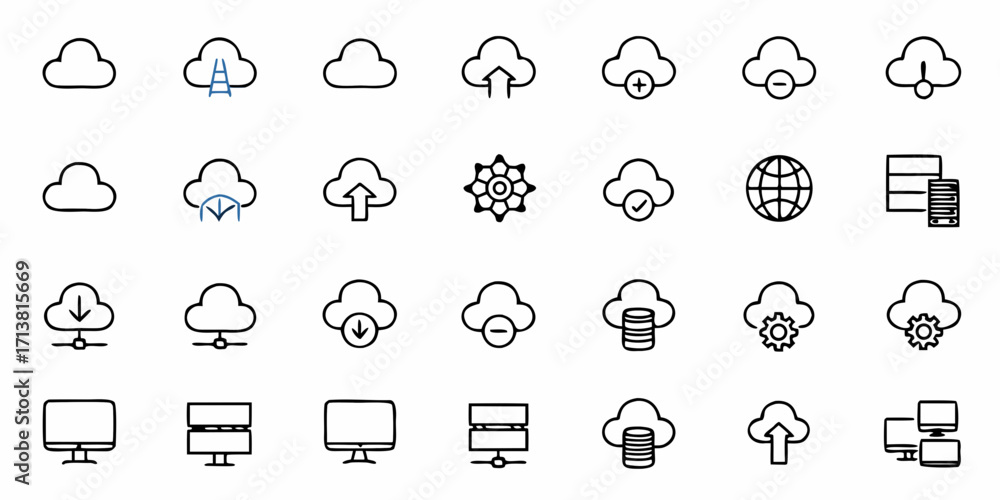Poster dynamic cloud computing icons representing data storage, network, and digital services for modern te