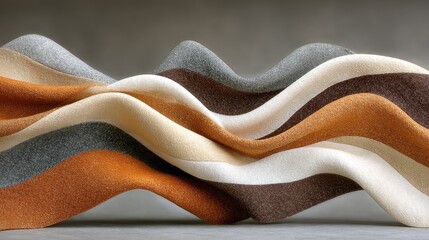 Undulating fabric stripes in muted earth tones, softly curving across a neutral background, showcasing texture and form
