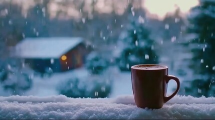 Fototapeta premium Cozy Winter Scene: Steaming Mug on Snowy Window Ledge with Cabin View