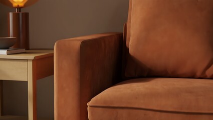 Cozy living room detail with warm orange sofa and lamp