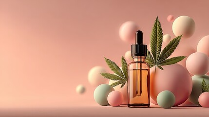 Amber glass bottle of CBD oil with dropper, nestled amongst pastel spheres and cannabis leaves on a blush background