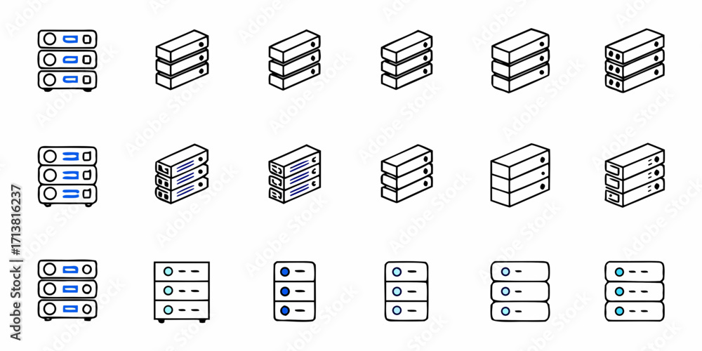 Poster diverse server rack icons representing data storage and network infrastructure for modern technology