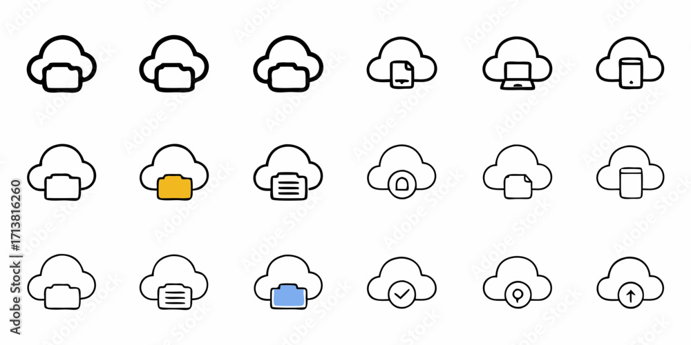 Poster modern cloud icons represent data storage, security, and digital access for dynamic technology solut