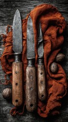 Three antique knives with wooden handles rest on a rustic wooden surface, nestled in a burnt orange cloth, alongside whole nutmeg