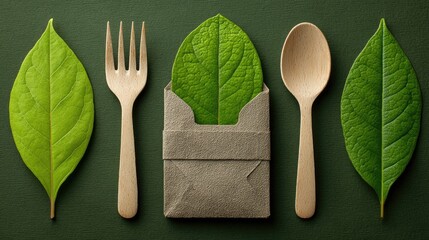 Eco-friendly flatlay featuring wooden cutlery, a kraft paper packet holding leaves, and large leaves on a dark green background
