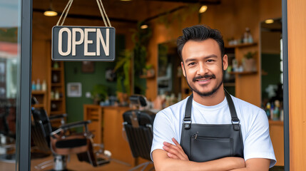 Smiling barbershop owner standing with crossed arms in front of open sign at modern salon entrance. Happy Asian barber entrepreneur welcoming customers to new business opening.