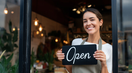 Smiling woman business owner holding open sign at storefront entrance. Happy female entrepreneur welcoming customers to new shop opening with warm interior lighting and plants.