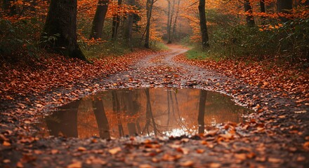 Serene Autumn Forest Path with Reflecting Puddle and Vibrant Orange Leaves