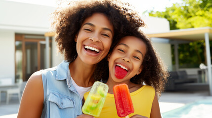 Happy mother and daughter laughing while eating colorful popsicles on sunny summer day outdoors. Joyful family enjoying frozen treats and quality time together in bright natural lighting.