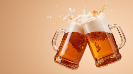 Beer mugs clinking with foamy splash and golden liquid. Dynamic celebration scene perfect for Oktoberfest, Saint Patrick's Day festivals and pub marketing materials.