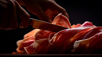 Chef's hand precisely slicing thin prosciutto ham with sharp knife in dramatic lighting. Professional charcuterie cutting technique showcases artisan culinary skill and expertise.