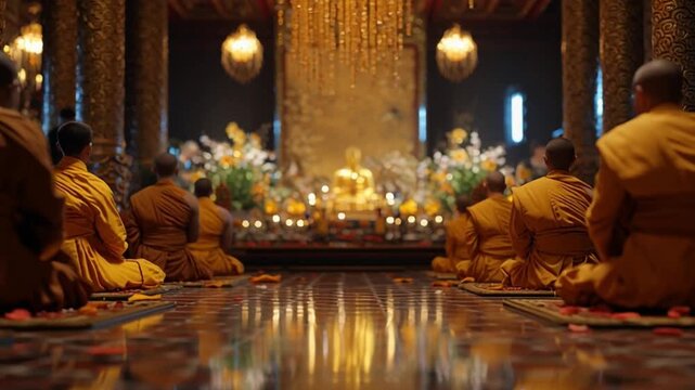 Buddhist temple ceremony, monks and devotees gathered in glowing golden hall offering prayers and flowers, sacred atmosphere.