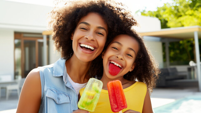 Happy mother and daughter laughing while eating colorful popsicles on sunny summer day outdoors. Joyful family enjoying frozen treats and quality time together in bright natural lighting. - Powered by Adobe