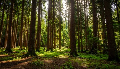 Obraz premium Sunlight filters through a dense forest