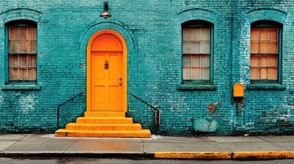 Vibrant teal brick building facade with a bright orange door, steps, and mailbox; flanked by arched windows, showing age and character