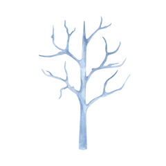 Watercolor abstract tree. Blue silhouette clip art branch. Element isolated from background. For winter landscape design, card, interior decoration, kids book, board game, Decoupage, textile