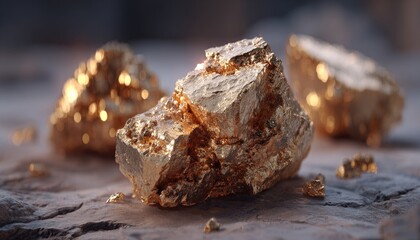 Three luminous gold nuggets rest on a dark, rough surface, illuminated by a soft light, showcasing their raw, irregular textures and glittering facets