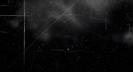 Dust and scratches design. Aged photo editor layer. Black grunge abstract background. Copy space. Black background.