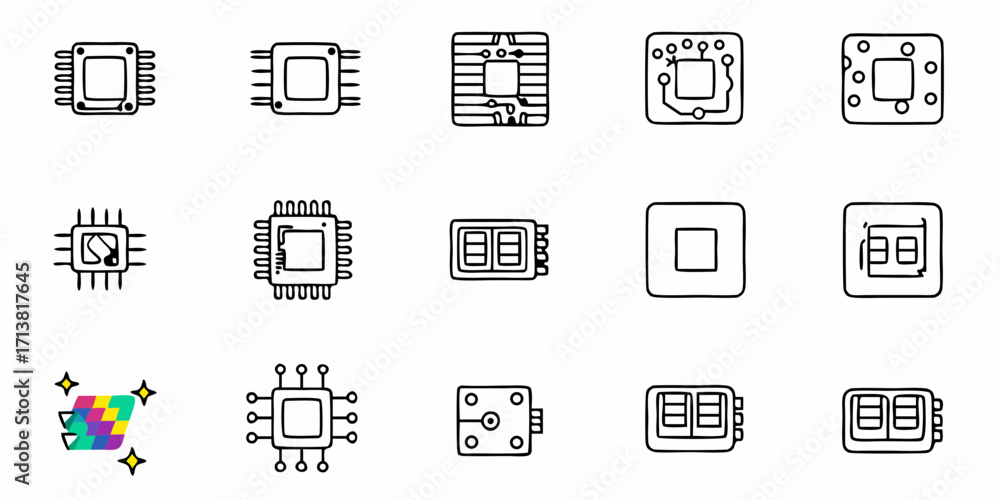 Poster diverse collection of stylized computer chip icons representing innovation and technology in a moder