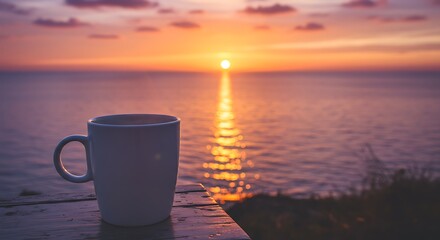 Serene Coffee Cup on Wooden Pier Overlooking Sunset Ocean Reflection