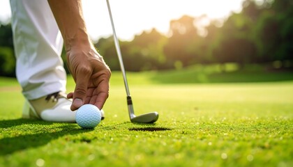 A golfer's hand placing a golf ball on the green