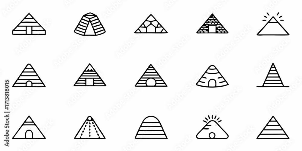 Poster collection of simple, charming pyramid icons representing ancient structures, modern designs, and ab