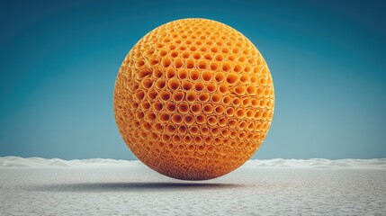 A large, spherical, orange object, textured with numerous small, cylindrical holes, hovers above a flat, white, desert-like landscape under a clear blue sky
