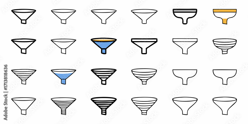 Poster diverse funnel icons and illustrations showcasing various designs for data filtering and process ref