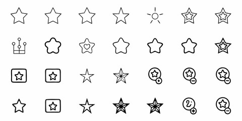 Diverse star icon collection featuring simple outlines, filled shapes, and interactive elements for ratings or favorites