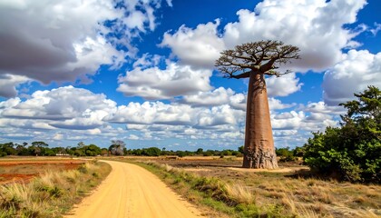 Large baobab tree by dirt road