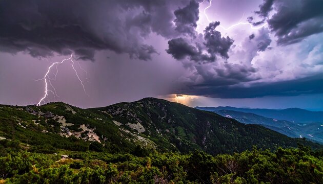 Dramatic thunderstorm over a lush green mountain range with a bright lightning strike illuminating the dark clouds