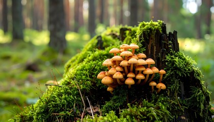 Cluster of small, orange-brown mushrooms on a mossy tree stump in a forest