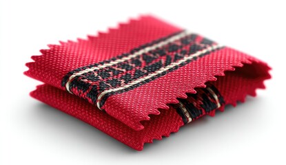 Folded red fabric sample with dark patterned border