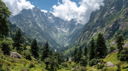 Lush green valley nestled between towering, snow-capped mountains under a partly cloudy sky