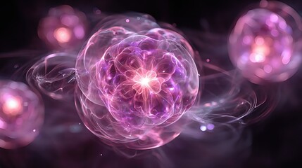 Purple glowing abstract fractal of interconnected orbs and filaments, evoking molecular, quantum, and cosmic energy visualization.
