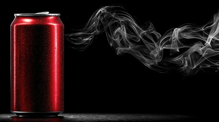 A condensation-covered, crimson aluminum can sits on a dark surface, next to a wisp of ethereal white smoke against a black background