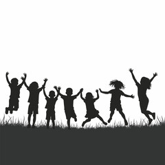 Silhouettes of children jumping with arms raised in grass
