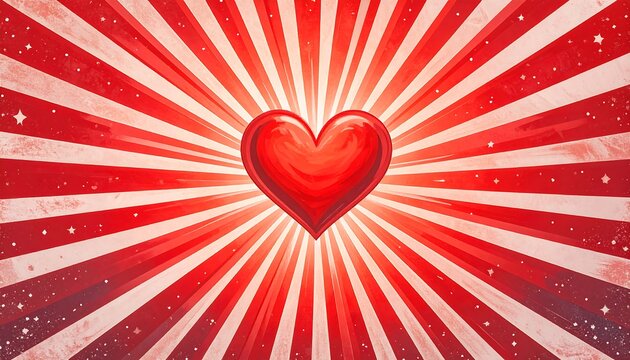 A vibrant red heart radiating outwards against a sunburst backdrop - Powered by Adobe
