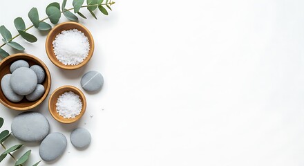 Serene Spa Essentials: Eucalyptus, Sea Salt, and Smooth Stones on White