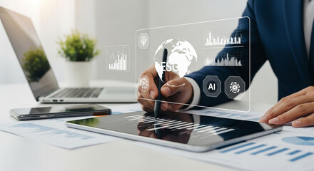 Businessman analyzing ESG data on digital tablet with holographic interface technology