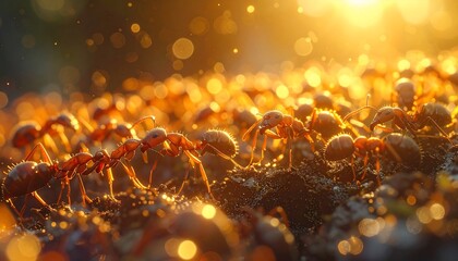A close-up view of a large group of reddish-brown ants, moving collectively on a dark patch of ground, bathed in the warm golden light of dawn or dusk.