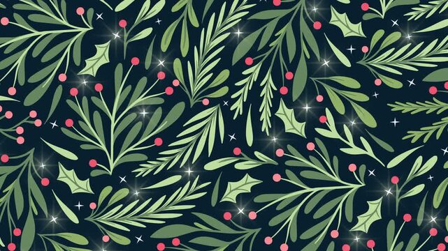4K Christmas botanical foliage with twinkling stars animation, Loop