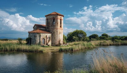 Fototapeta premium Old stone chapel by a tranquil pond