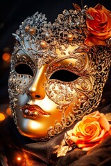 A stunning gold Venetian mask adorned with intricate decorations.