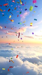 Colorful confetti falling from the sky above clouds at sunset
