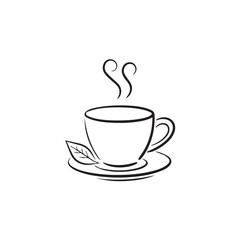 Minimalist Line Art Illustration of a Steaming Teacup with a Tea Leaf on a Saucer