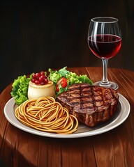 A beautifully plated meal featuring a juicy steak, spaghetti, fresh greens, and a glass of red wine.