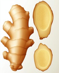 Detailed illustration of ginger root, showcasing its texture and cross-section, highlighting its natural color.
