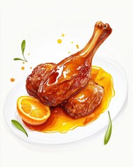 A vibrant illustration of glazed chicken drumsticks served with a fresh orange slice.